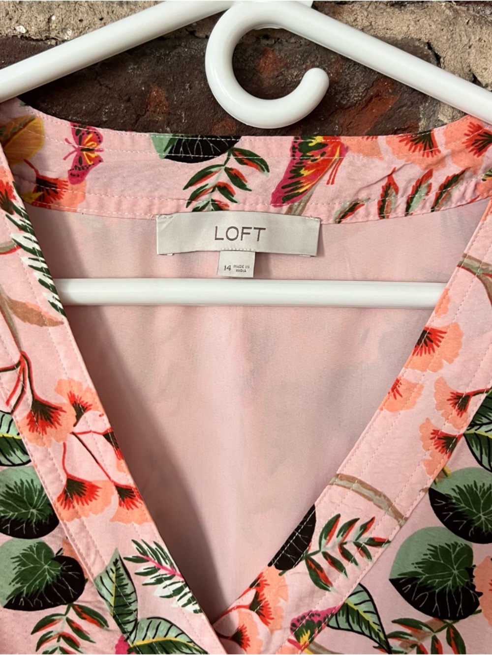 LOFT Peach-Pink Floral Midi Dress with Green Leaf Print - Picture 3 of 8